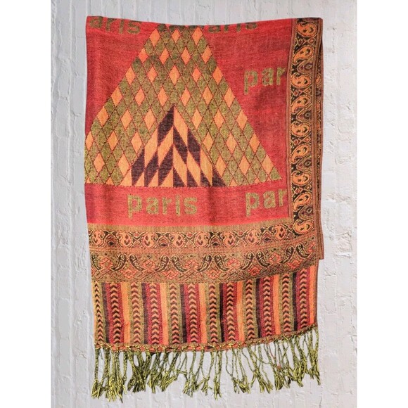 Vtg 90s Pashmina Shaw Wrap Paris Eiffel Tower City Tour Fringe Scarf Red Gray - Picture 5 of 8